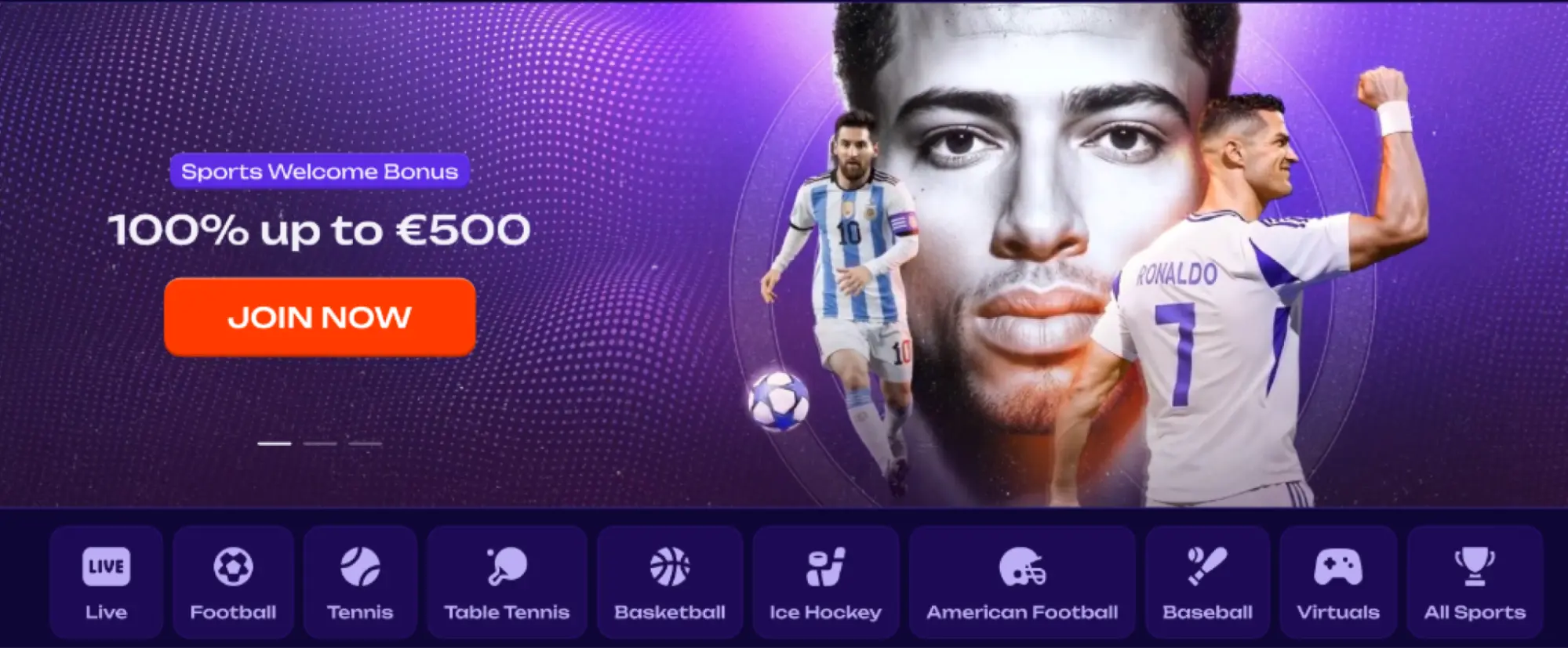 Bonus Di Benvenuto Sportivo 100 Percento Fino A 500 Euro banner bonus di benvenuto sportivo con offerta 100 percento fino a 500 euro e calciatori in azione